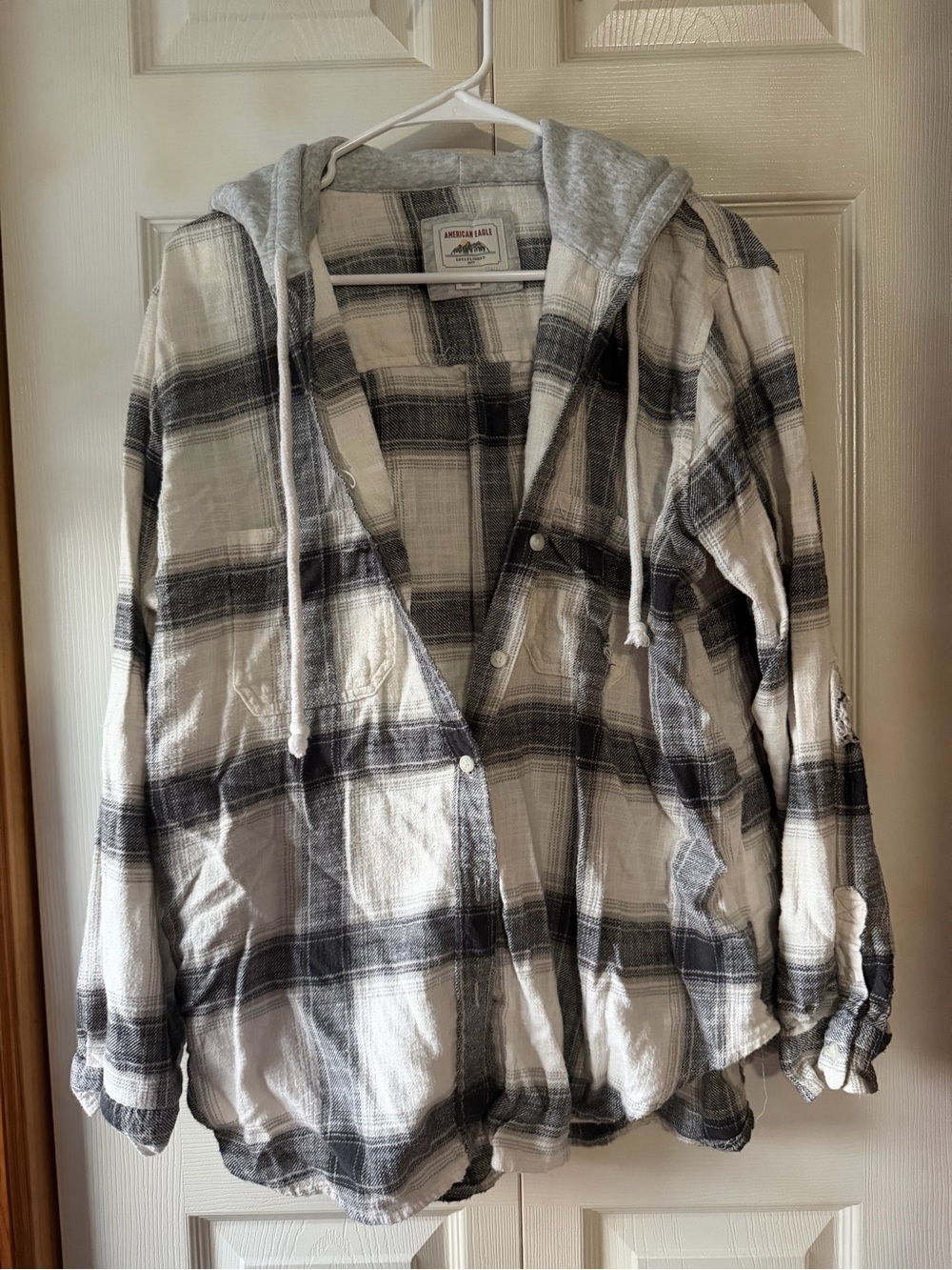 American Eagle Outfitters Gray & White Plaid Hooded Utility Jacket